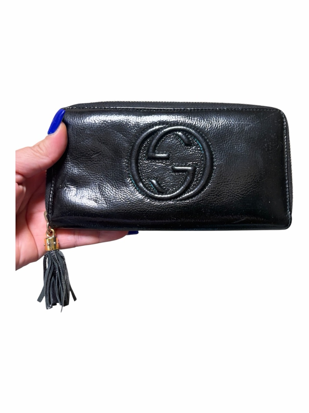 ✨ Gucci Soho Interlocking G Zip Around Wallet Black Patent Leather with Tassel ✨